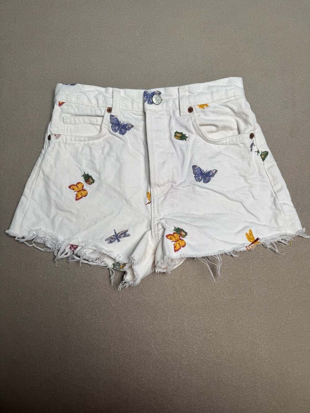 Reformation White Butterfly and Bug Embroidered Raw Hem Denim Shorts Size 24
